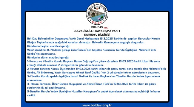 BOL-DAV BOLVADİNLİLER DAYANIŞMA VAKFI KAMUOYU BİLDİRİSİ