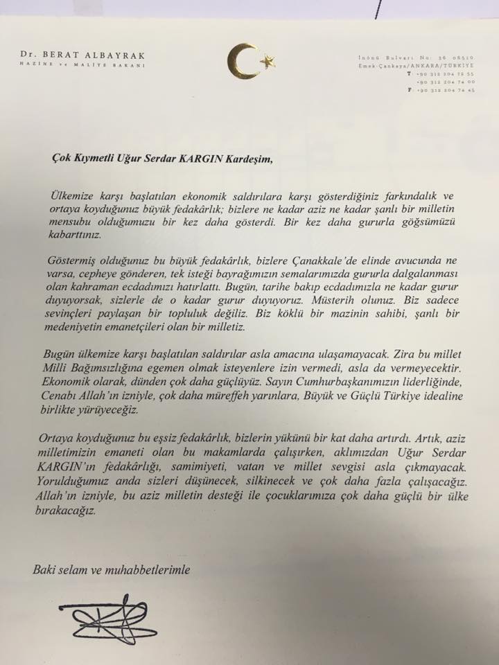 Bakan Albayrak’tan Başkan Kargın’a teşekkür mektubu